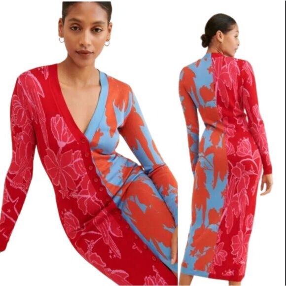 NEW FARM Rio Living Nature Cardigan V Neck Long Sleeve Dress Red Size: Small - Picture 1 of 7